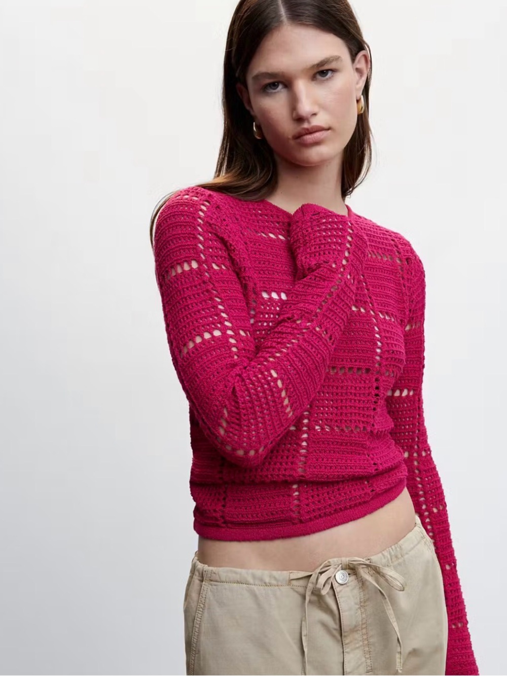 Mango Open-Knit Long Sleeve Sweater in Fuchsia